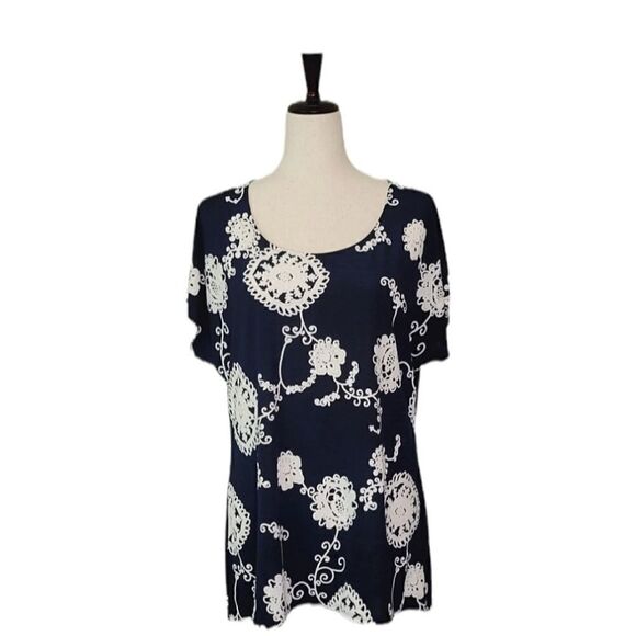 Roz & Ali Navy Blue Floral Patterned Drop Sleeve Stretchy  Blouse Size L - Picture 1 of 8